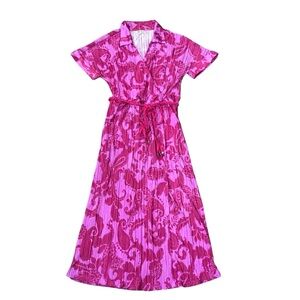 Kathy Ireland Boho Pink & Red Paisley Accordion Faux Wrap Midi Dress